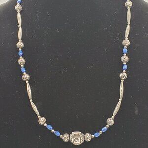Blue Glass Beads and Silver-Toned Metal Beads Necklace